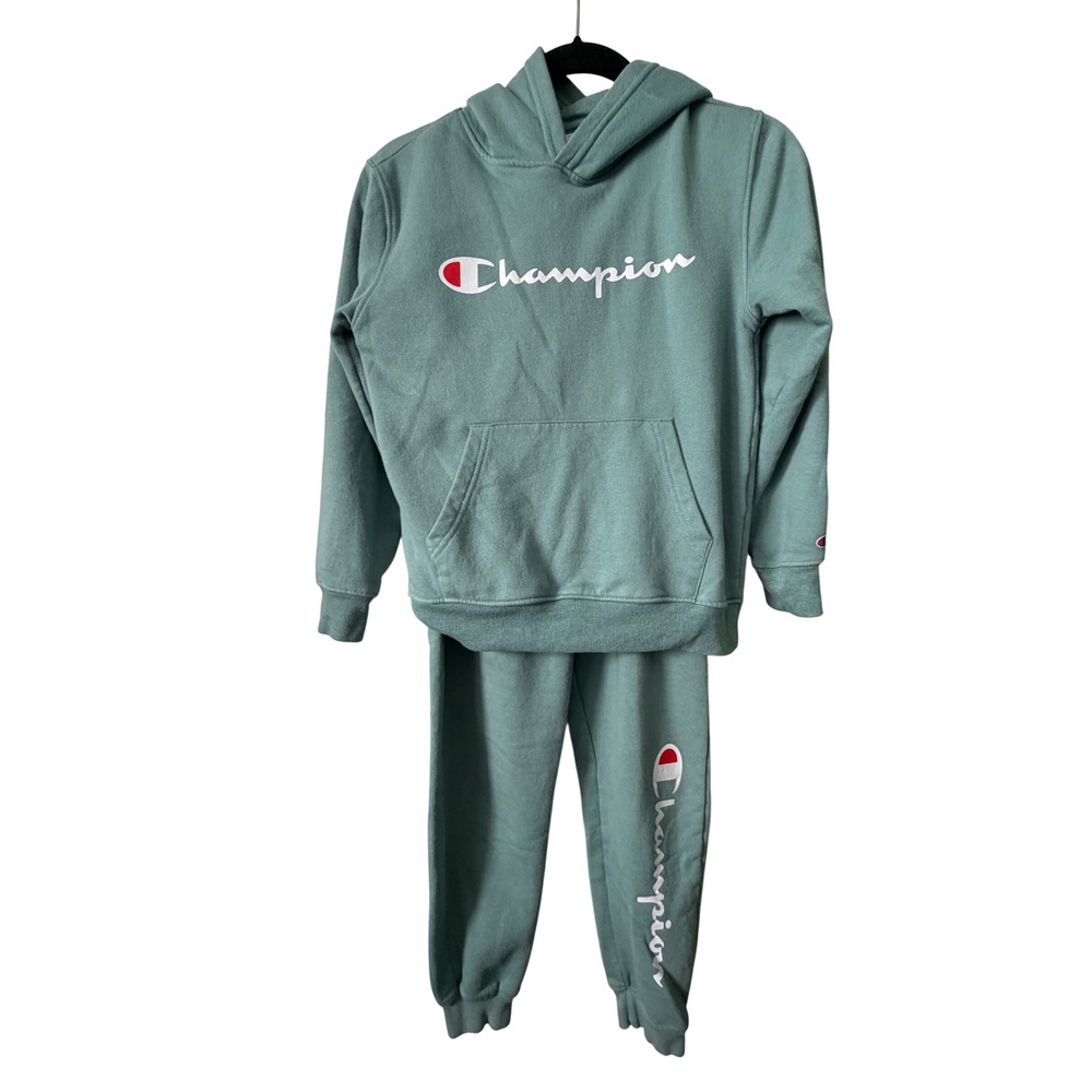 Champion Hoodie &Joggers Set Kids Sage Green‎ Excellent Tracksuit Logo Pullover